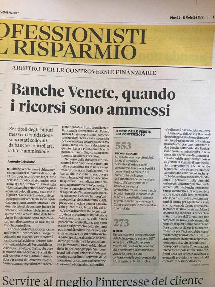 BANCAPULIA: SUL SOLE 24 ORE, PER DESCRIVERE DECISIONE FAVOREVOLE CHE L'AVVOCATO ANTONIO PINTO, PRESIDENTE DI CONFCONSUMATORI PUGLIA HA OTTENUTO PRESSO L�ARBITRO PER LE CONTROVERSIE FINANZIARIE